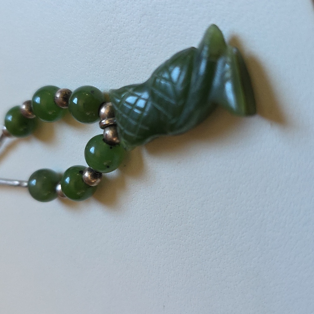 Carved Owl Sterling Silver Green Pendant Necklace - Picture 9 of 11